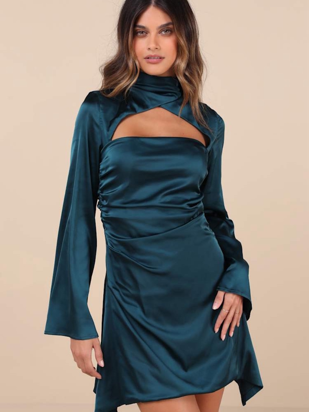 Lulus Sultry Elevation Dark Teal Satin Long Sleeve Cutout Mini Dress